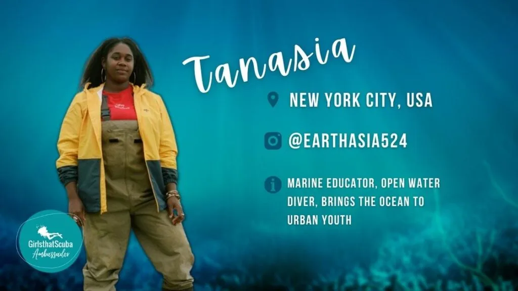 Tanasia Swift Girls that Scuba Ambassador standing smiling at camera, overlaid white text summarises her profile below