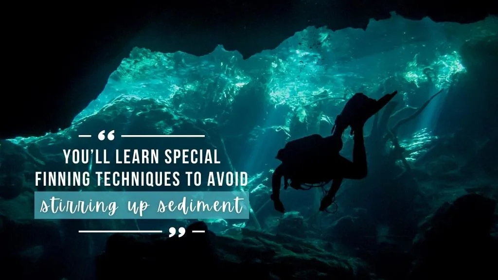 A scuba diver exits a cave, silhouetted against the blue light coming in from the exit. Overlaid white text quotes the article. 