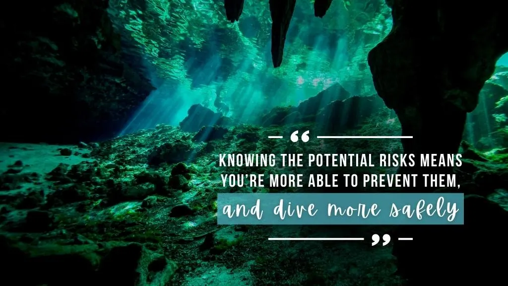 Underwater cave filled with green and blue light from the surface, with stalactites silhouetted close to the camera. Overlaid white text quotes the article. 