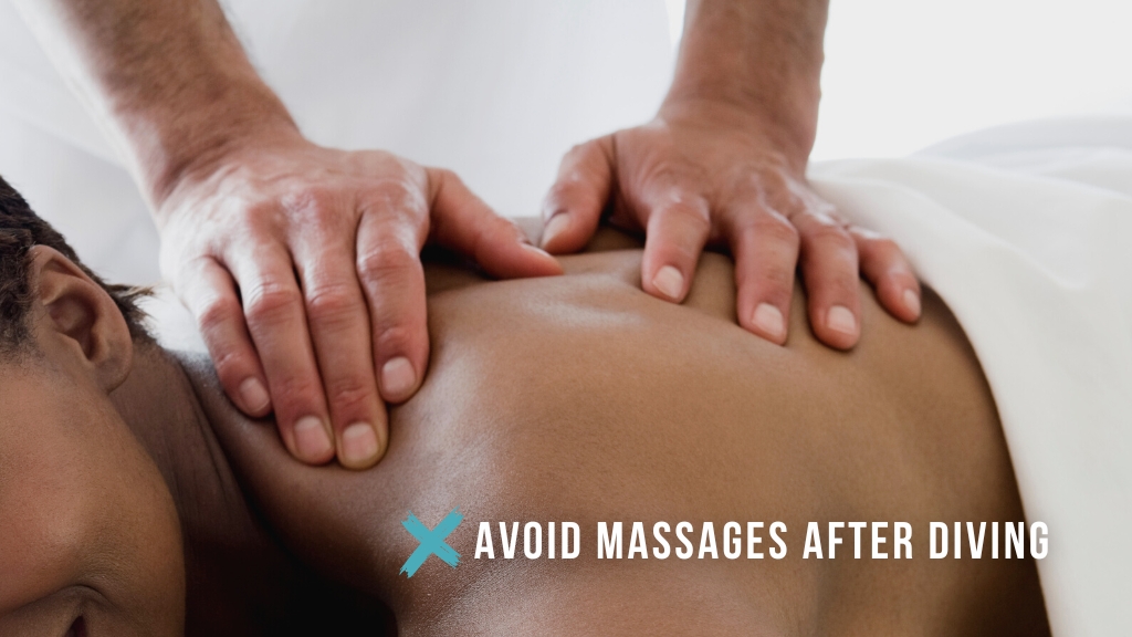 Close up of a black woman's back being massaged by two hands. Overlaid white text reads "avoid massages after diving", with a teal cross symbol. 