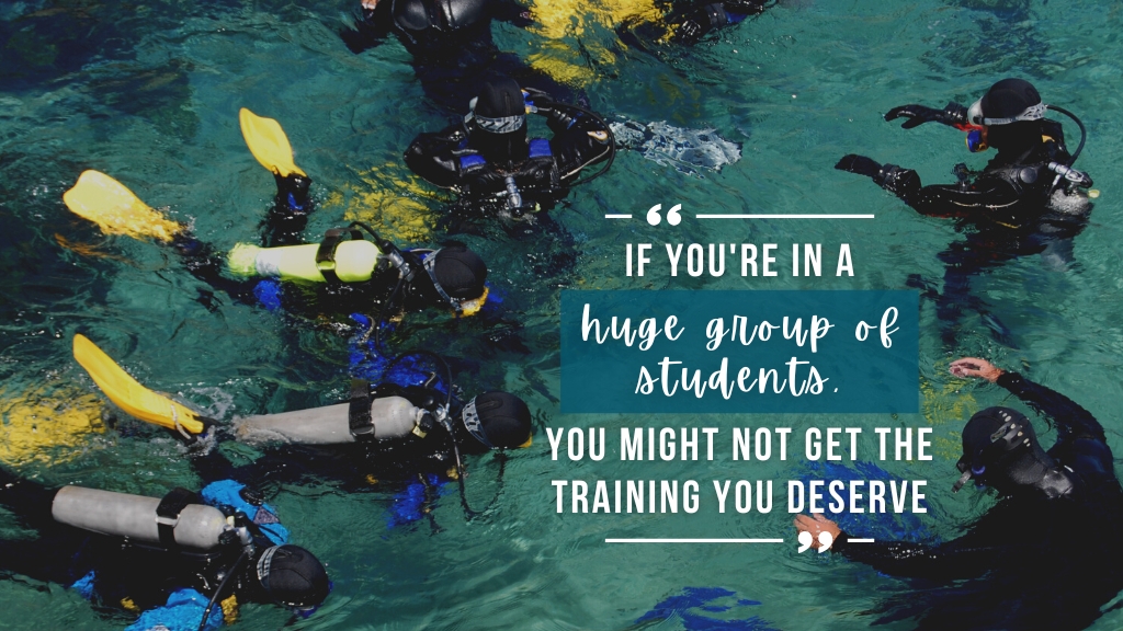 Group of scuba divers learning to dive at the surface with a scuba instructor. Overlaid white text quotes the article.