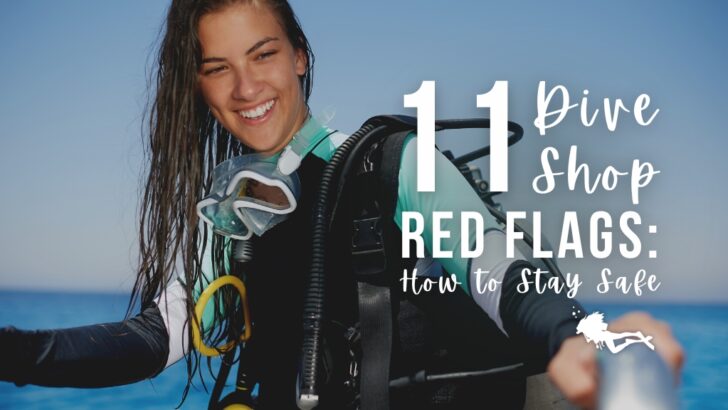 Woman scuba diver smiles looking past the camera holding on to a boat ladder, blue ocean is behind her. Overlaid white text reads "11 Dive Shop Red Flags: How to Stay Safe"