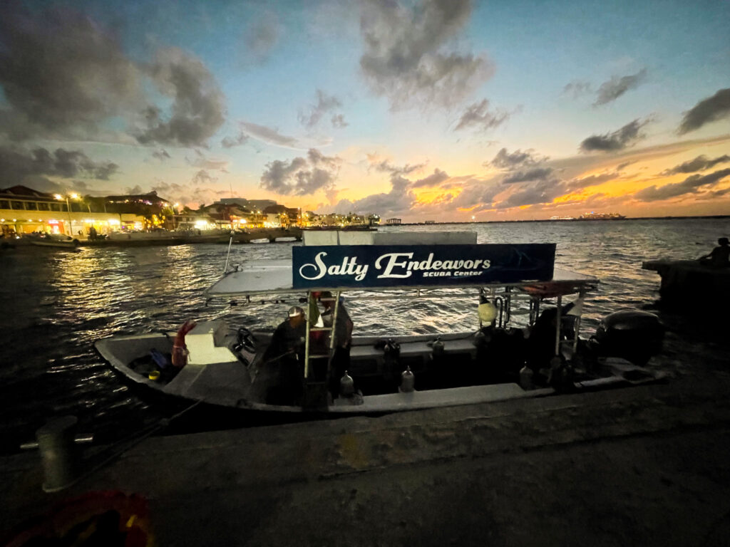 Salty Endeavors Cozumel's boat sits in the harbour at sunset