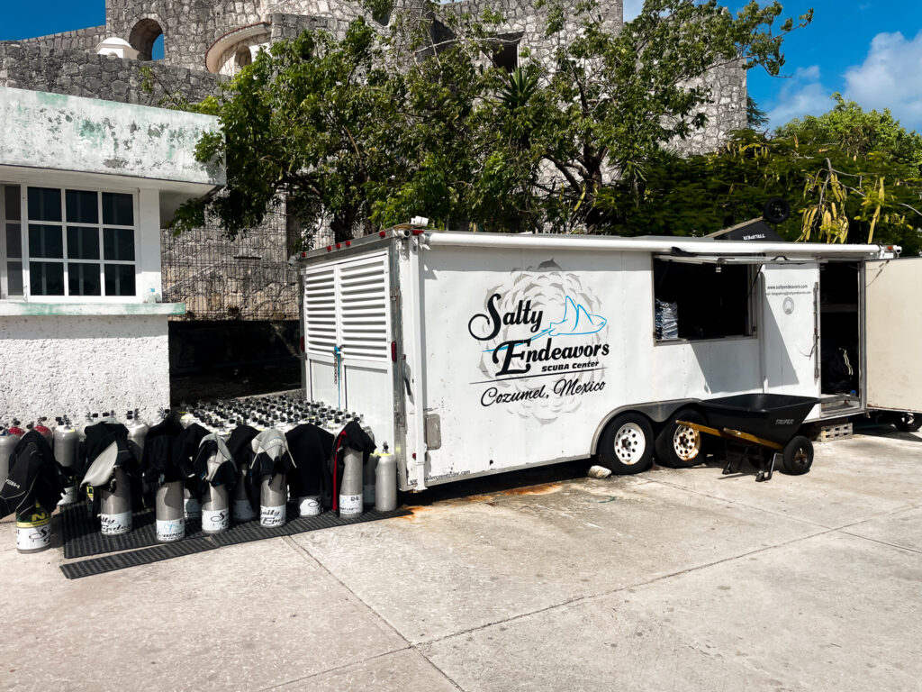 Salty Endeavors Cozumel scuba cylinders and equipment storage in Cozumel harbour