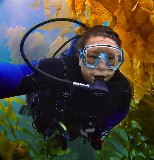 Woman scuba diver takes an underwater selfie amongst a large kelp forest.
