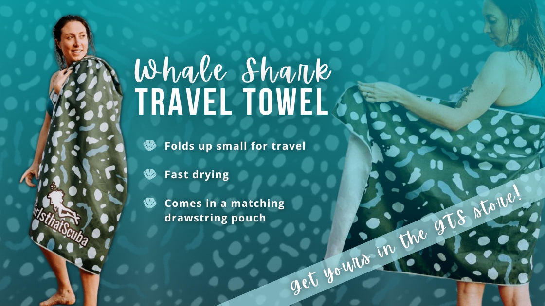 Banner showing the Girls that Scuba whale shark travel dive towel and its features.