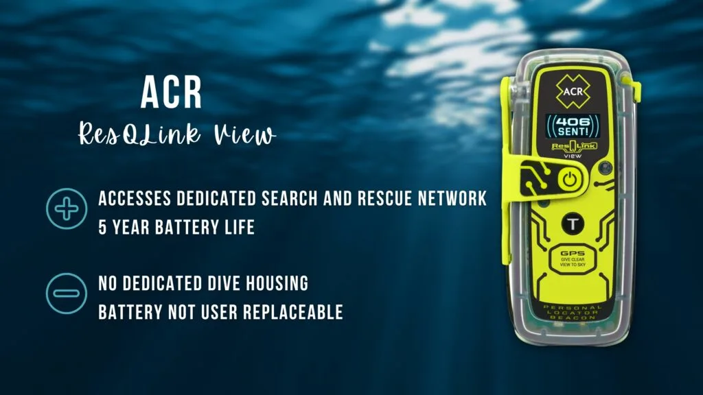 Fluorescent yellow ACR ResQLink View device, over a blurred underwater background. Overlaid white text summarises the pros and cons listed below. 