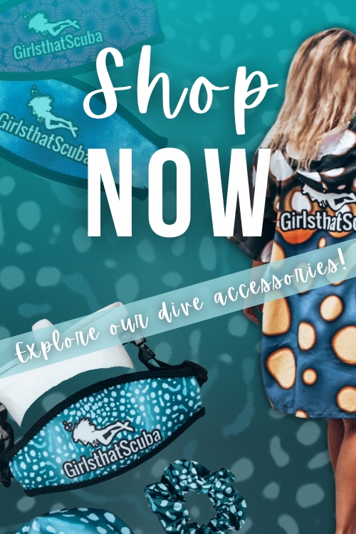 Accessories from the Girls that Scuba store over a whale shark print background. Overlaid white text reads "Shop Now - Explore our dive accessories"