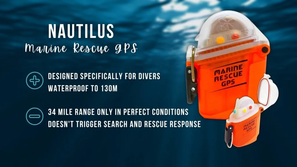Bright orange Nautilus Marine Rescue GPS over a blurred underwater background. Overlaid white text summarises the pros and cons listed below. 
