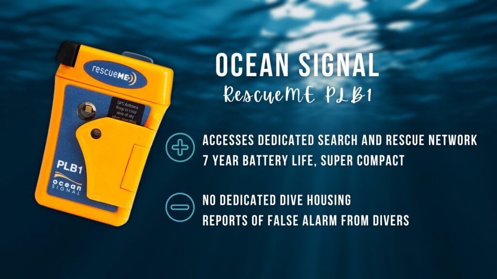 Bright orange/yellow Ocean Signal RescueME device, over a blurred underwater background. Overlaid white text summarises the pros and cons listed below. 
