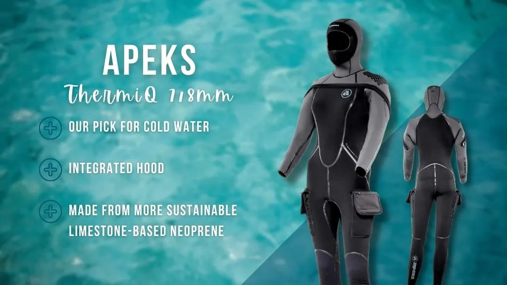 Black and grey women's wetsuit with integrated hood, large pockets, and grey branding, over a faded ocean background. Overlaid white text summarises the benefits of the wetsuit detailed in the article. 