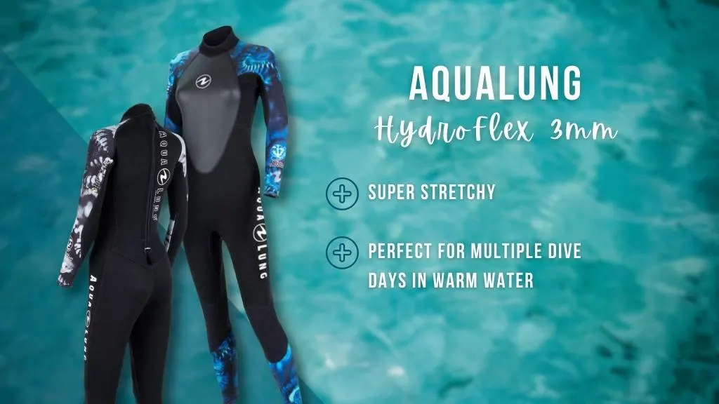 Black women's wetsuit with coral print detailing to the arms and legs, over a faded ocean background. Overlaid white text summarises the benefits of the wetsuit detailed in the article. 