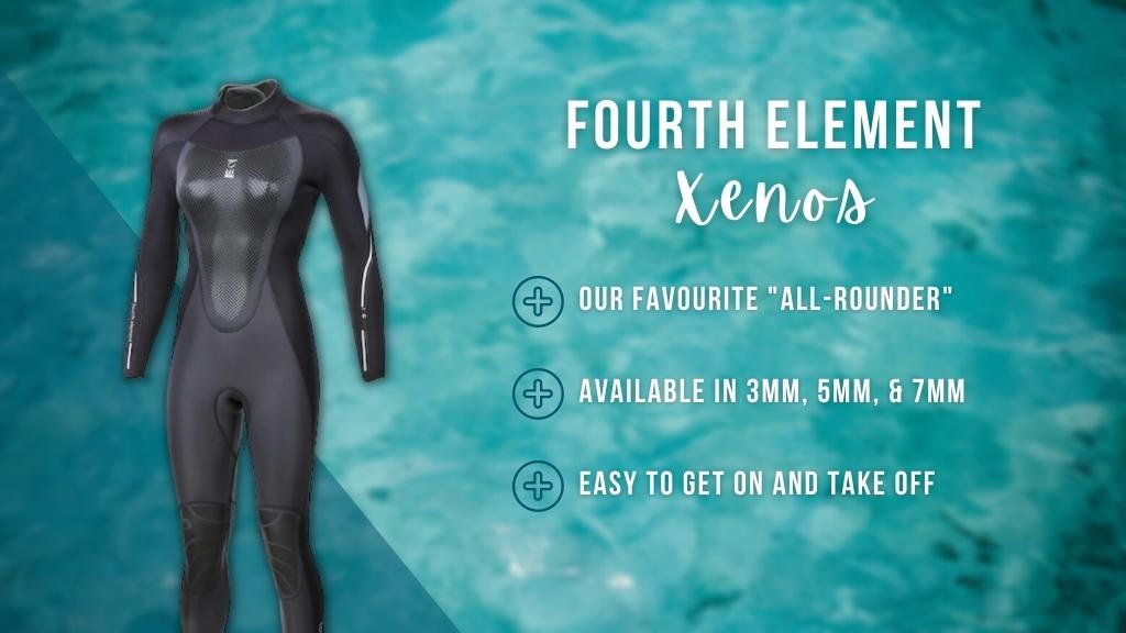 Black women's wetsuit over a faded ocean background. Overlaid white text summarises the benefits of the wetsuit detailed in the article. 