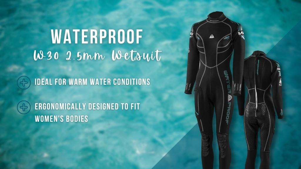 Black women's wetsuit with grey stitching and light blue branding, over a faded ocean background. Overlaid white text summarises the benefits of the wetsuit detailed in the article. 