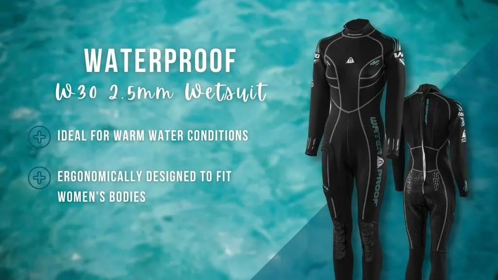 Black women's wetsuit with grey stitching and light blue branding, over a faded ocean background. Overlaid white text summarises the benefits of the wetsuit detailed in the article. 