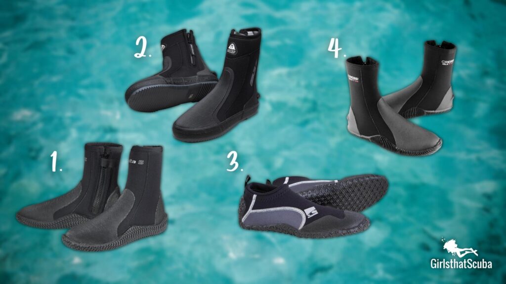 4 pairs of scuba boots on a blurred blue ocean background, numbered 1-4 and detailed in text below.
