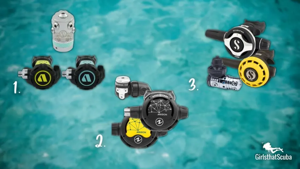 3 scuba regulators on a blurred water background numbered 1-3, explanations of each below.