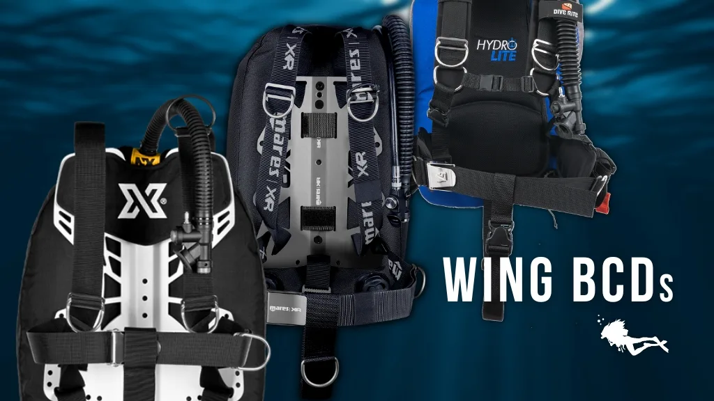 Three black backplate and wing buoyancy control devices over a blurred deep blue ocean background. Overlaid white text reads "Wing BCDs"