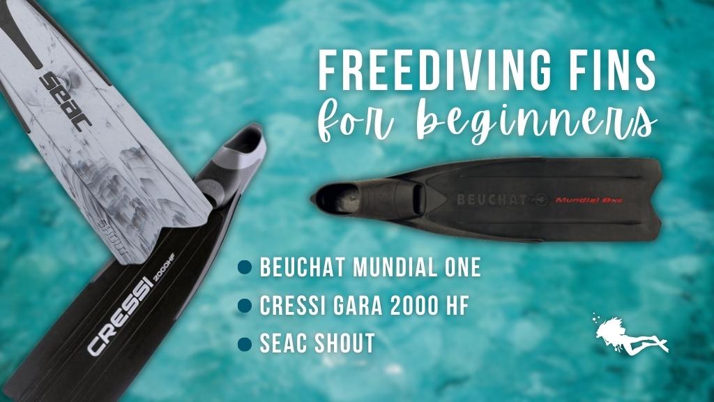 Three freediving fins laid over a blurred turquoise ocean background, white text reads "freediving fins for beginners" and summarises paragraph below. 