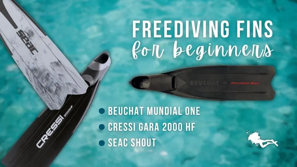 Three freediving fins laid over a blurred turquoise ocean background, white text reads "freediving fins for beginners" and summarises paragraph below. 