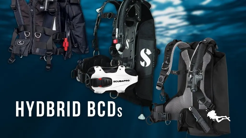 Three black hybrid buoyancy control devices over a blurred deep blue ocean background. Overlaid white text reads "Wing BCDs"
