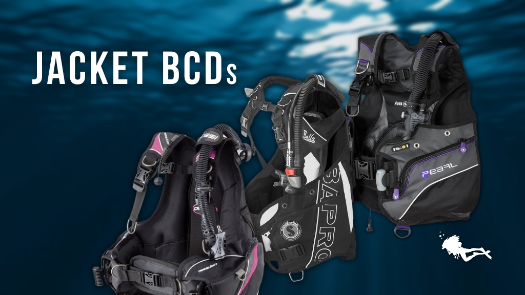 Three women's buoyancy control devices in black, laid over a blurred deep blue ocean background. White text reads "jacket BCDs".