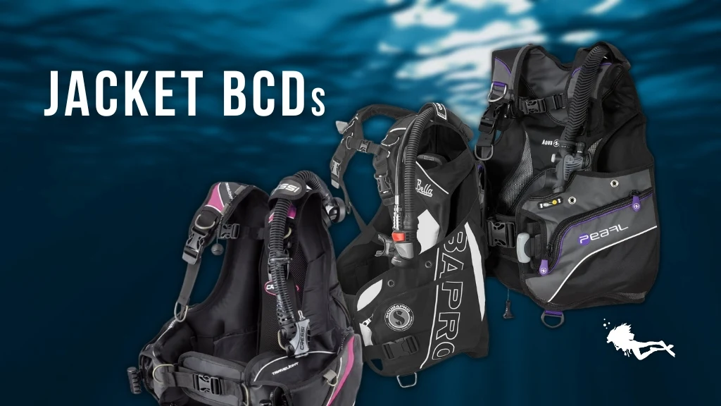 Three women's buoyancy control devices in black, laid over a blurred deep blue ocean background. White text reads "jacket BCDs".