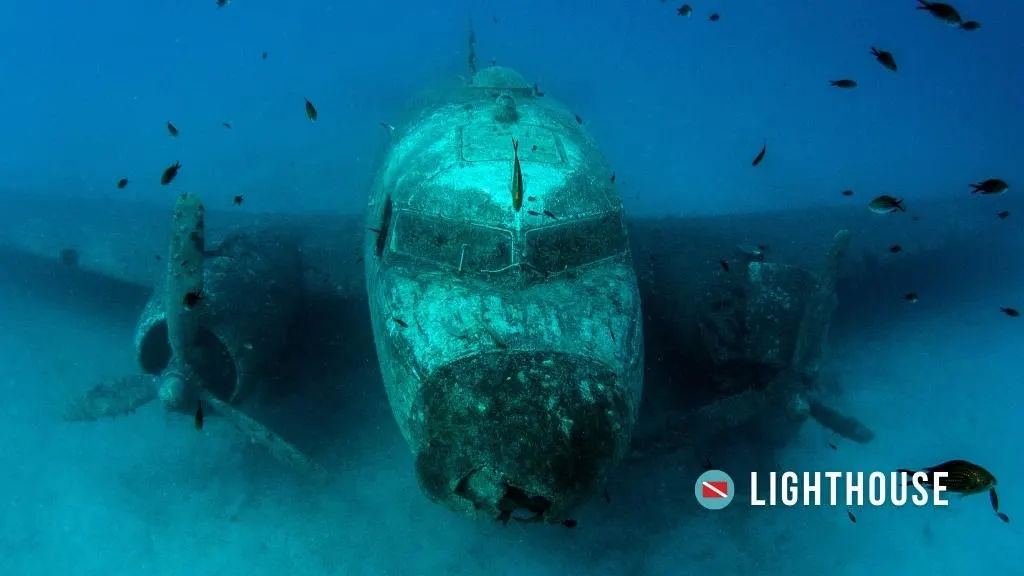 A plane submerged underwater in Kas, Turkey, at Lighthouse dive site. The plane is covered in algae and surrounded by small fish.