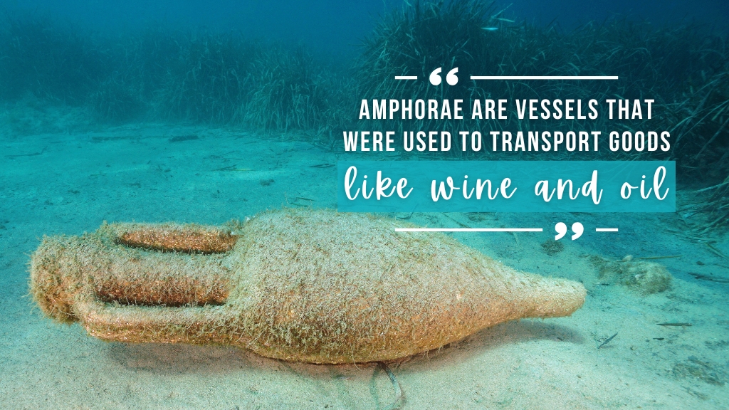 An amphora sits on the bottom of a sandy ocean, covered in algae and with seagrass in the background. Overlaid white text quotes the article.