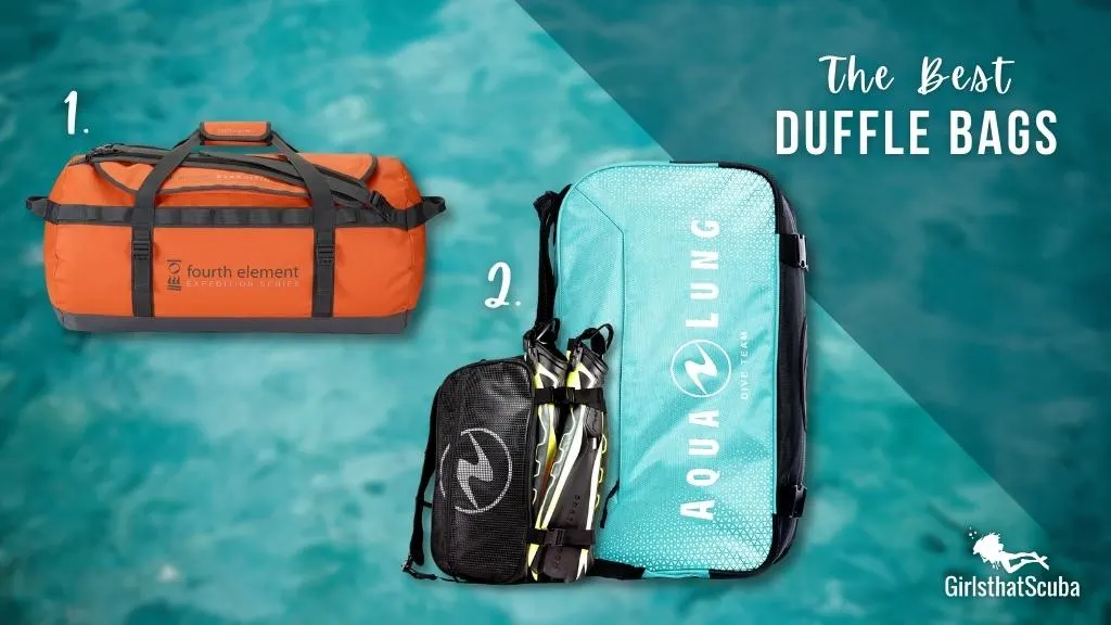 Two scuba diving travel bags over a blurred blue background. Overlaid white text reads "the best duffle bags".