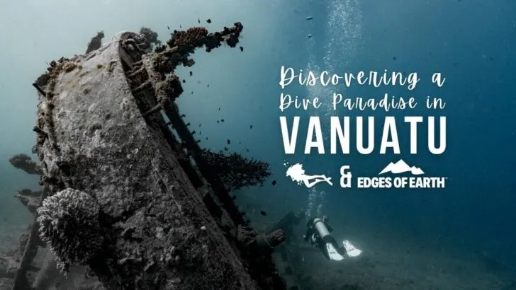Andi is diving in Vanuatu. She swims away from the camera in the distance. She is wearing a white mask and fins with black equipment. A large shipwreck lays on the seabed to her left at a 45 degree angle. Overlaid white text reads the title of the article.