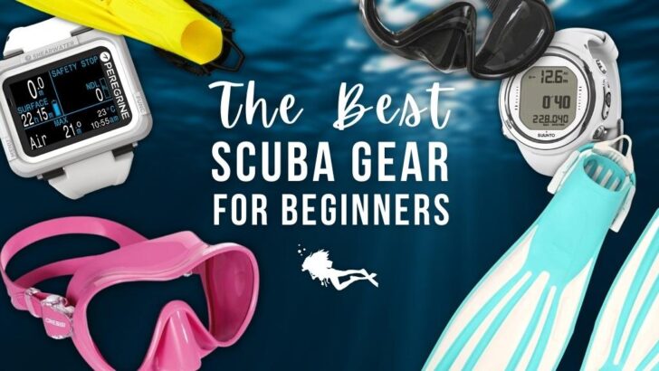 Items of scuba equipment, including masks, computers, and fins, are laid over a blurred ocean background. Overlaid white text reads 