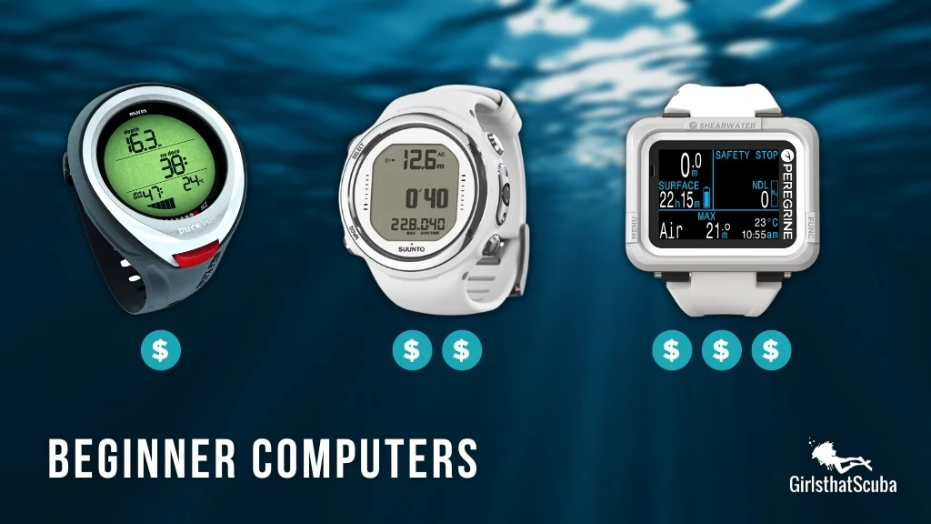 Three beginner scuba gear dive computers against a blurred ocean background. White text reads "beginner computers".