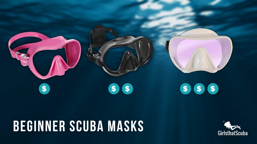 Three scuba masks against a blurred ocean background. White text reads "beginner scuba masks".