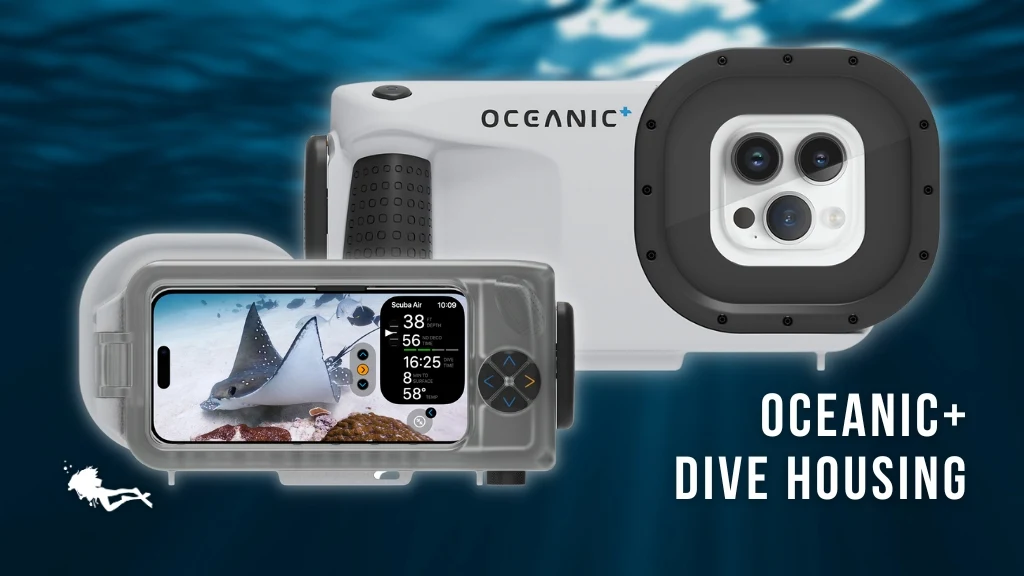 White Oceanic+ Dive Housing underwater smartphone housing against an ocean background
