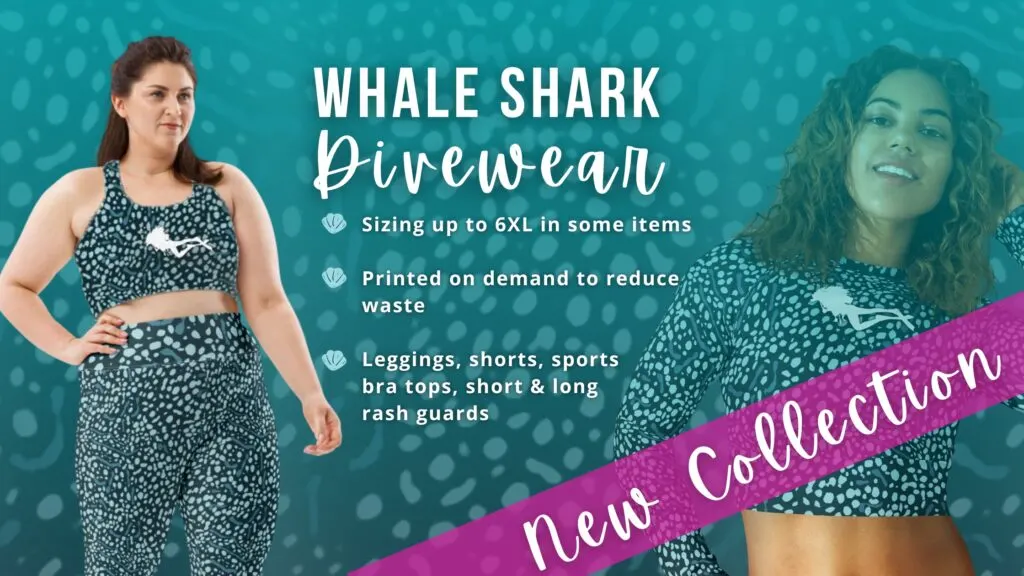 Banner showing blue spotted whale shark print dive wear, with written details of the items and "new collection" writing in pink.