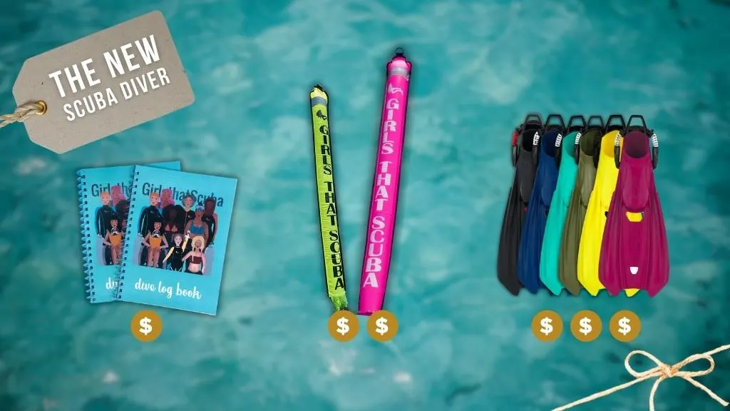 Scuba diving gifts on a blurred blue ocean background