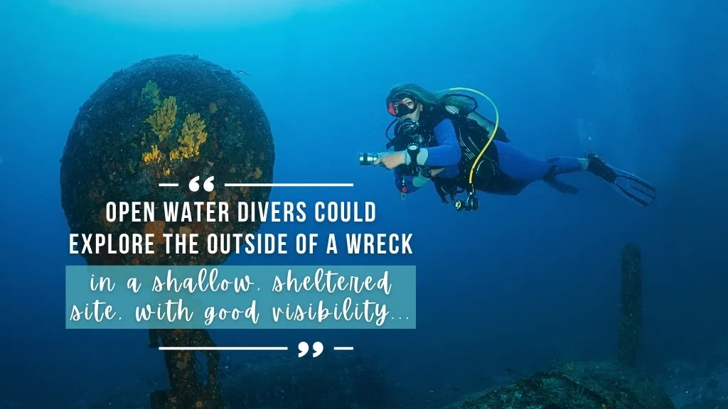 A woman scuba dives outside a wreck in vibrant blue water. She points a dive light at a protruding part of the wreck. Overlaid white text quotes the article.
