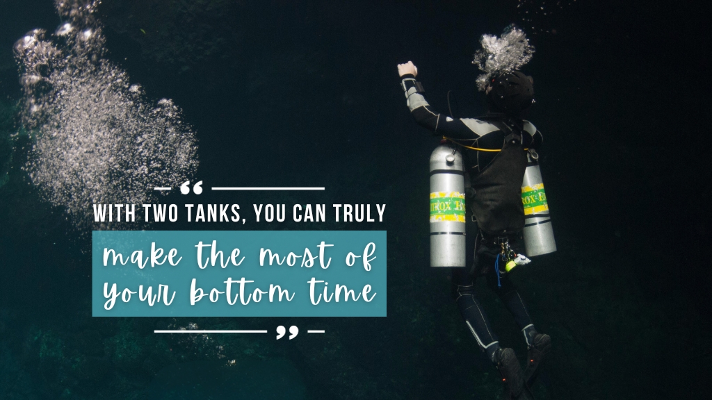 A scuba diver in dark blue water, photographed from above. They are diving with two cylinders in a sidemount configuration. Overlaid text quotes the article.