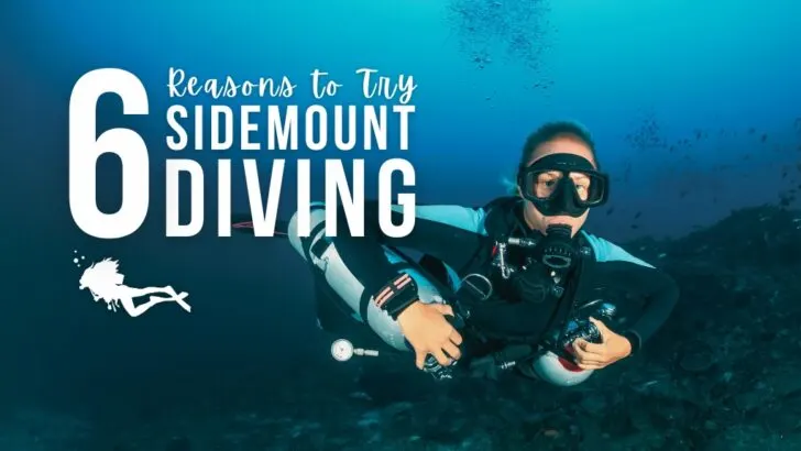A woman scuba diver using two cylinders by her side in sidemount configuration. Overlaid white text reads "6 reasons to try sidemount diving".
