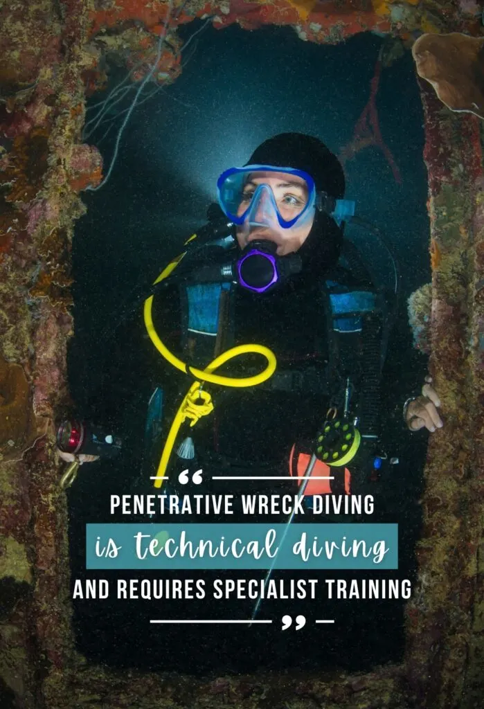 A woman scuba diver passes through a doorway inside a wreck. Overlaid white text quotes the article.