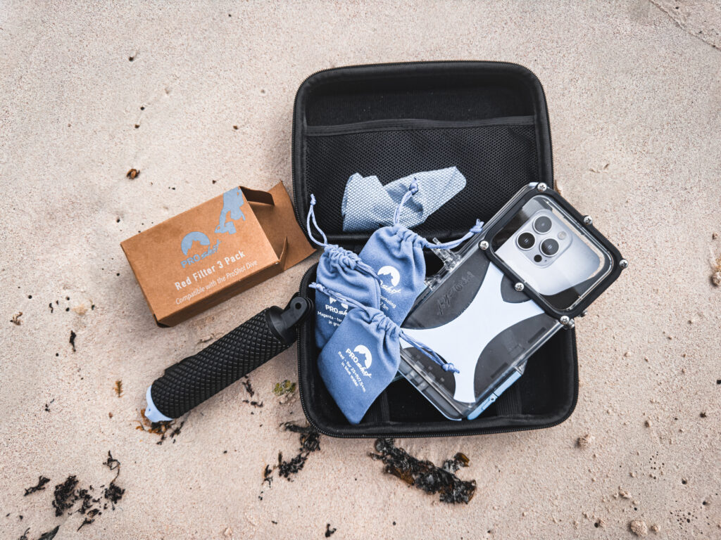 An open black case sits on the sand, with the ProShot Dive Case inside and the accessories in small blue bags. 
