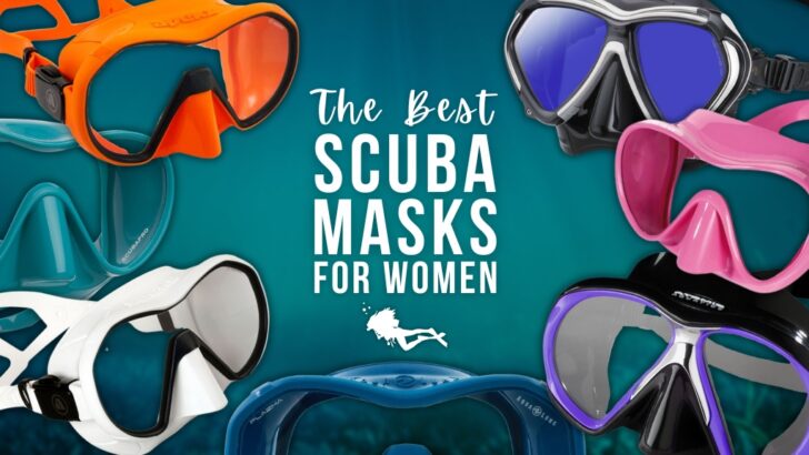 A collage of the best scuba masks for women in varied colours of orange, blue, black, and pink. Overlaid white text reads 