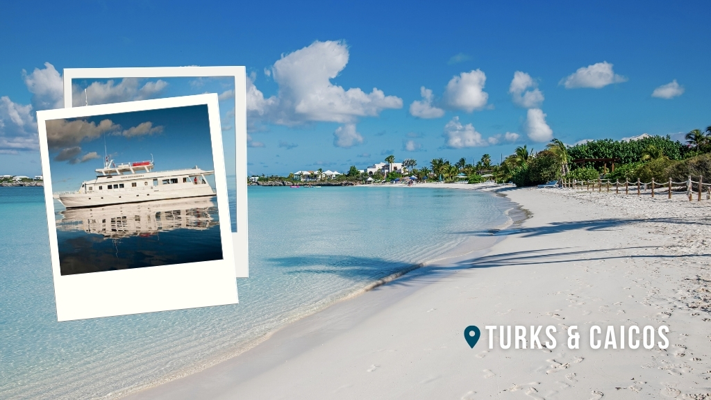 A bright white sandy beach with clear turquoise water in Turks & Caicos. Inset image, a mid-sized white dive liveaboard on deep blue water.