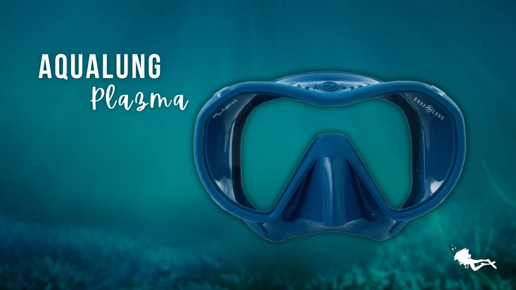 An Aqualung Plazma women's scuba mask in dark blue against a blurred ocean background. 