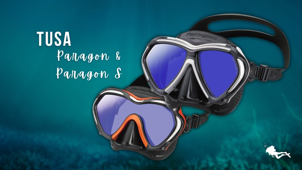 Tusa Paragon & Paragon S women's scuba masks in black against a blurred ocean background. 