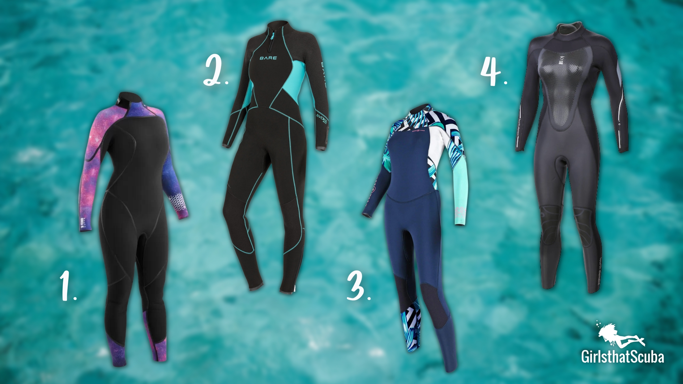 5 women's scuba wetsuits on a blurred blue water background