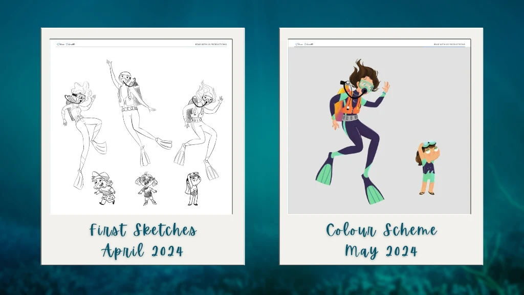Sketches and colour images of the illustrations from My Mum's a Scuba Diver. The illustrations are a woman scuba diver in shades of deep blue and mint green scuba equipment, with a small child in a matching shortie wetsuit.