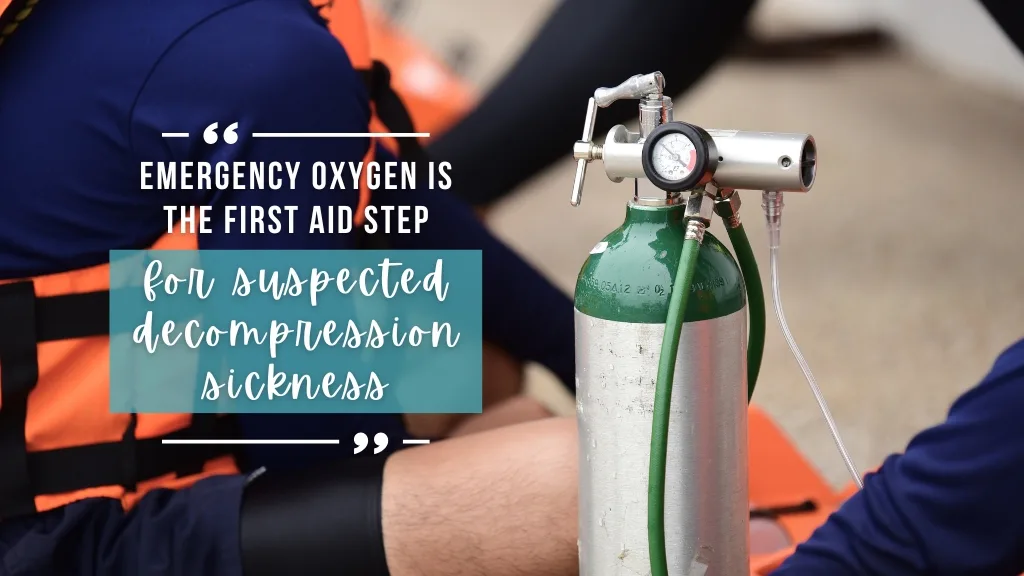 A green and silver emergency oxygen cylinder with the regulator attached. Overlaid white text reads