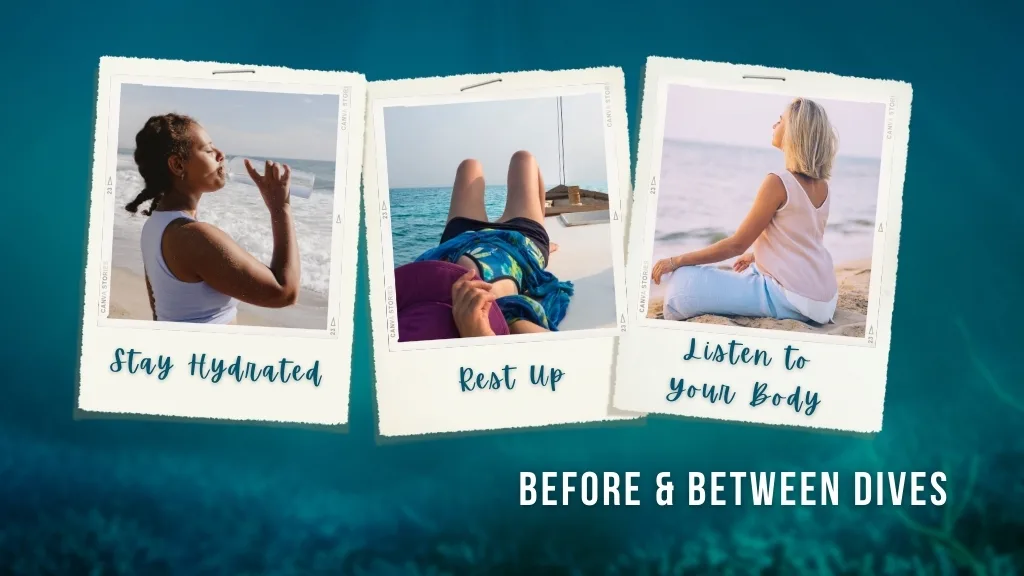 Polaroid images of a woman drinking water, a woman sleeping on a boat deck, and a woman sitting on a beach over an underwater background. Overlaid text reads